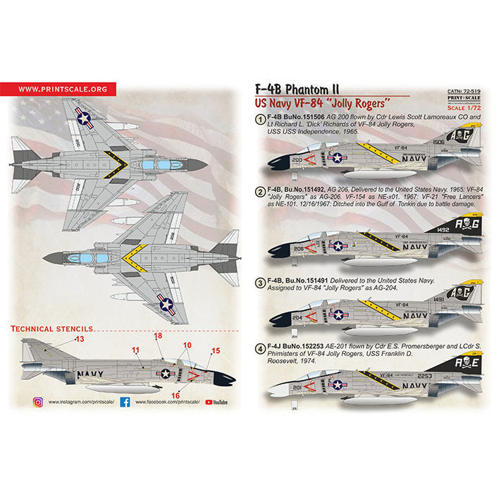 Print Scale 72-519 Decal F-4B Phantom II US Navy VF-84 (Jolly Rogers) Scale 1:72 for Aircraft Plastic model kit