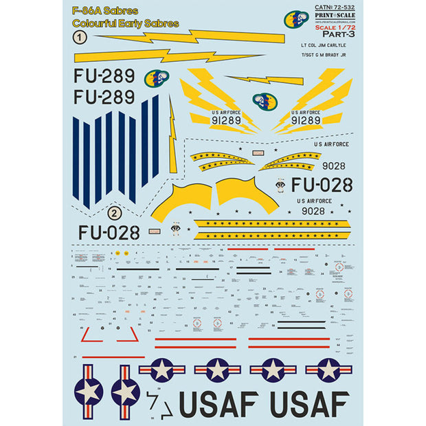 Print Scale 72-532 Decal F-86A Sabres. Colourful Early Sabres Part-3 Scale 1:72 for Aircraft Plastic model kit