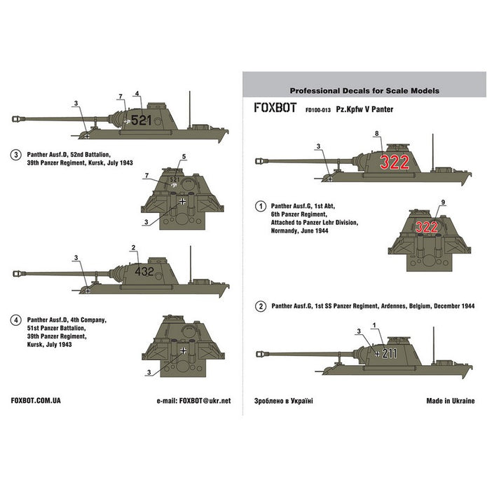 Foxbot 100-013 Decal German medium tank Pz.Kpfw V Panther Scale 1:100 for Tank Plastic Model Kit
