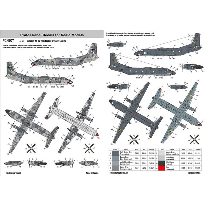 Foxbot 144-001 Decal Antonov AN-26 with Teeth Scale 1:144 for Aircraft Plastic Model Kit