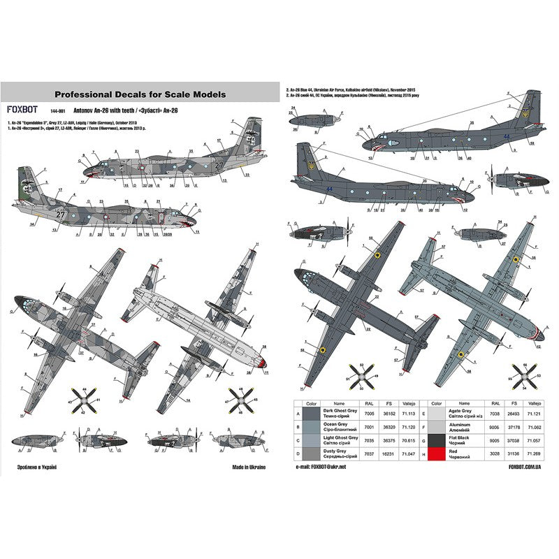 Foxbot 144-001 Decal Antonov AN-26 with Teeth Scale 1:144 for Aircraft Plastic Model Kit