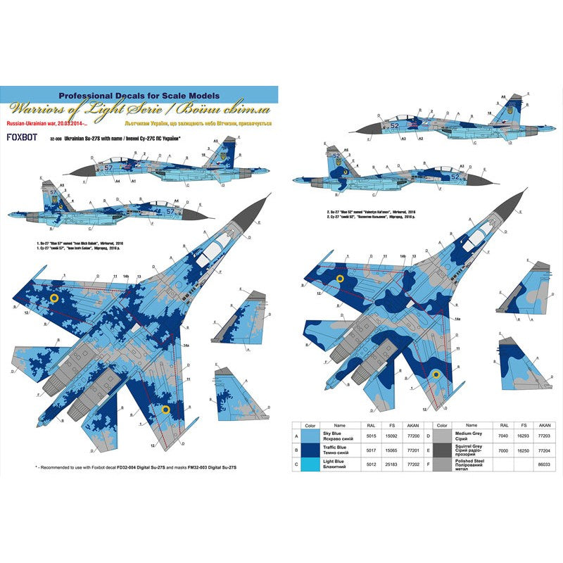 Foxbot 32-006 Decal Sukhoi Su-27 with Name, Ukranian Air Forces, digital camouflage Scale 1:32