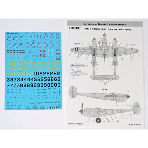 Foxbot 32-010 Decal: Stencils for Lockheed P-38 Lightning Scale 1:32 for Aircraft Plastic Model Kit