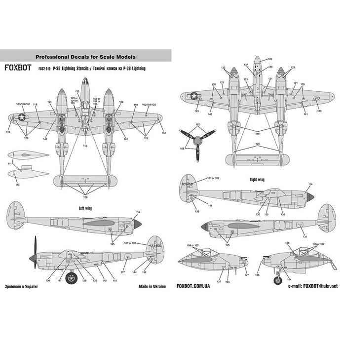 Foxbot 32-010 Decal: Stencils for Lockheed P-38 Lightning Scale 1:32 for Aircraft Plastic Model Kit