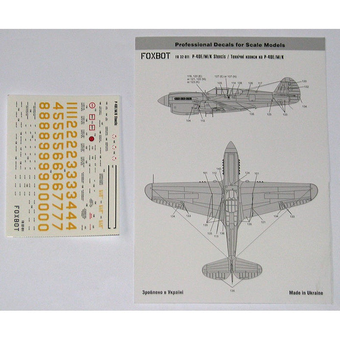 Foxbot 32-011 Decals Stencils for Curtiss P-40E/M/K Scale 1:32 for Aircraft Plastic Model Kit