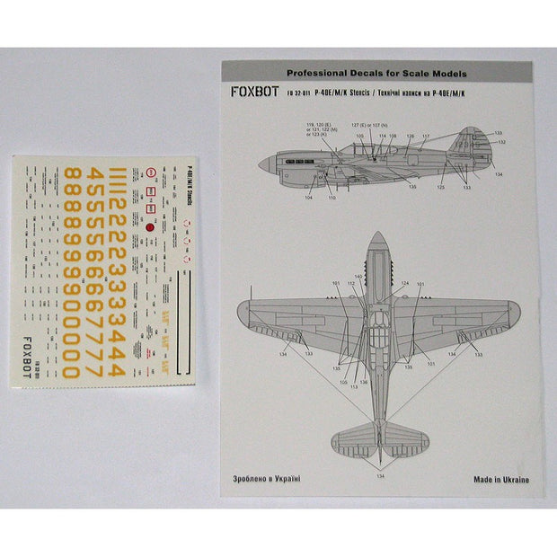Foxbot 32-011 Decals Stencils for Curtiss P-40E/M/K Scale 1:32 for Aircraft Plastic Model Kit