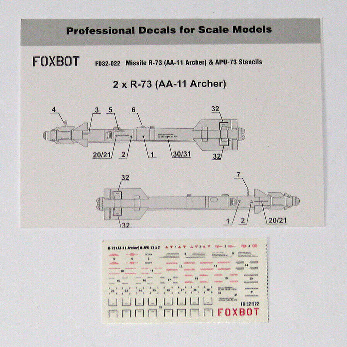 Foxbot 32-022 Decal: Stencils for Soviet IR Guided Air-to-Air Missile R-73 (AA-11 Archer) and APU-73 Pylon Scale 1:32