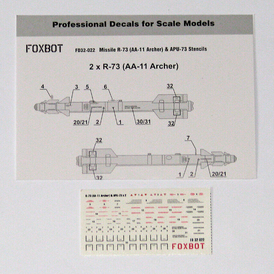 Foxbot 32-022 Decal: Stencils for Soviet IR Guided Air-to-Air Missile R-73 (AA-11 Archer) and APU-73 Pylon Scale 1:32
