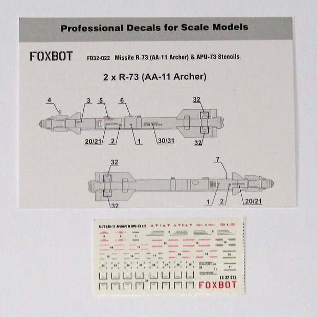 Foxbot 32-022 Decal: Stencils for Soviet IR Guided Air-to-Air Missile R-73 (AA-11 Archer) and APU-73 Pylon Scale 1:32