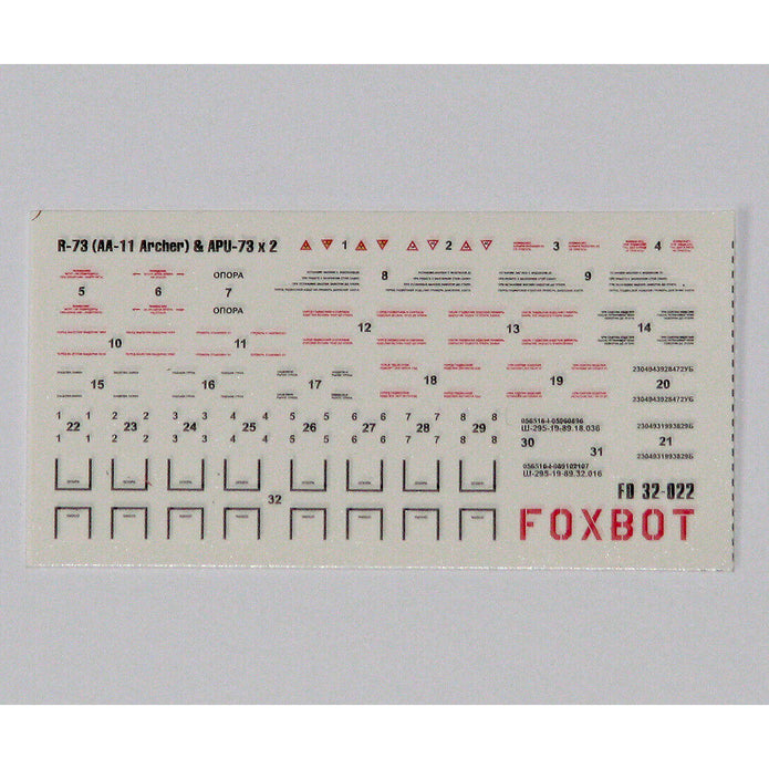 Foxbot 32-022 Decal: Stencils for Soviet IR Guided Air-to-Air Missile R-73 (AA-11 Archer) and APU-73 Pylon Scale 1:32