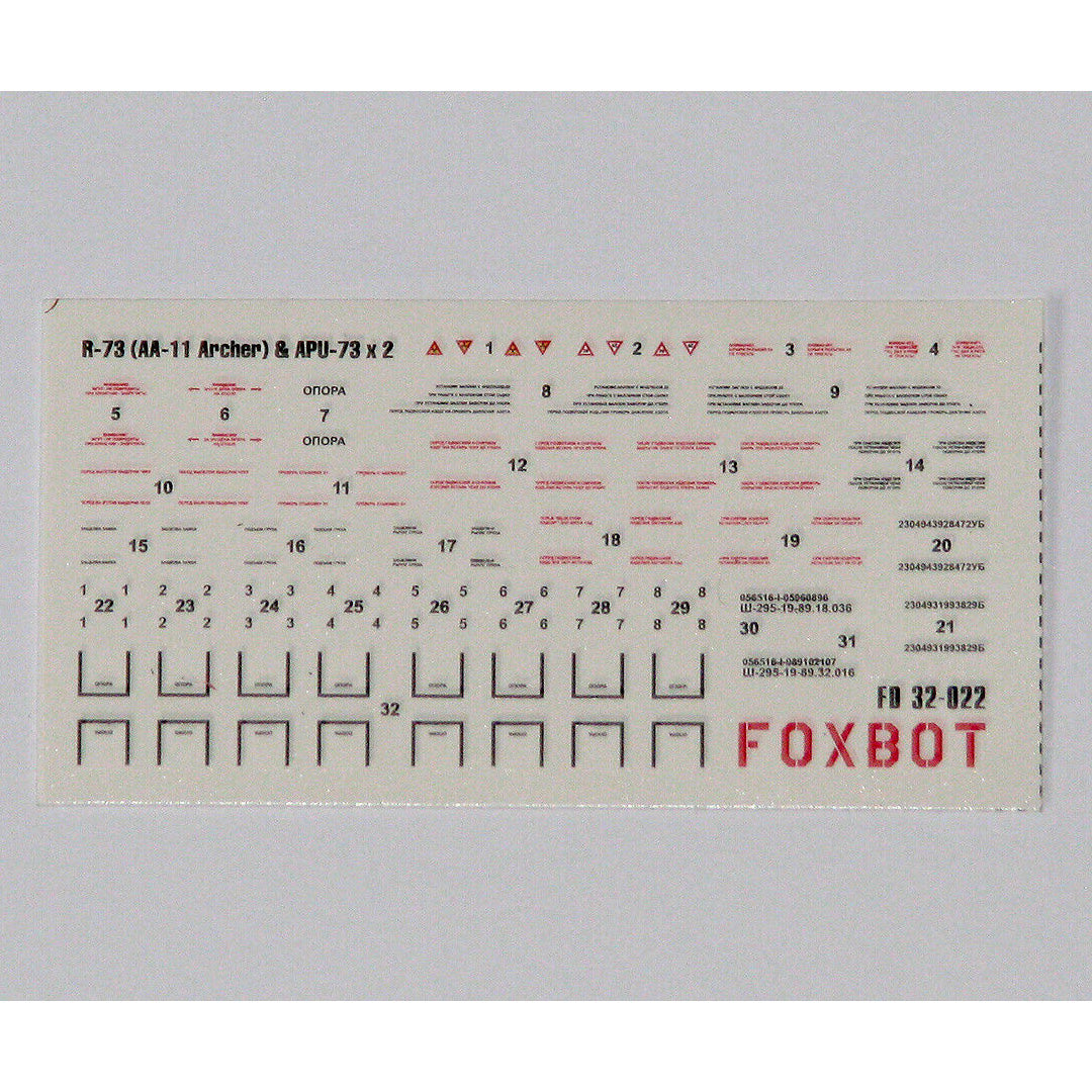 Foxbot 32-022 Decal: Stencils for Soviet IR Guided Air-to-Air Missile R-73 (AA-11 Archer) and APU-73 Pylon Scale 1:32