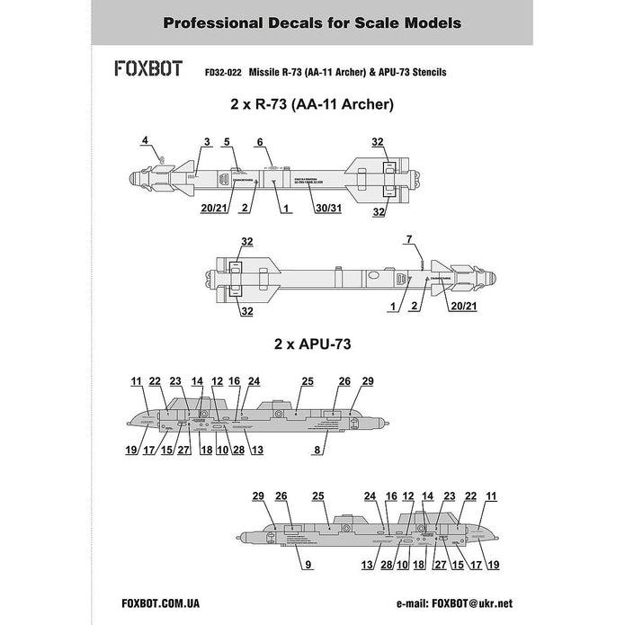 Foxbot 32-022 Decal: Stencils for Soviet IR Guided Air-to-Air Missile R-73 (AA-11 Archer) and APU-73 Pylon Scale 1:32