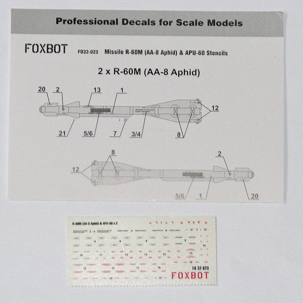Foxbot 32-023 Decal: Stencils for Soviet Short-range air-to-air Missile R-60M (AA-8 Aphid) and APU-60 Pylon Scale 1:32