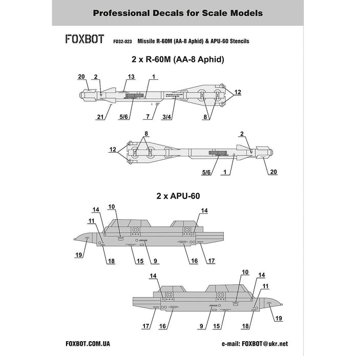 Foxbot 32-023 Decal: Stencils for Soviet Short-range air-to-air Missile R-60M (AA-8 Aphid) and APU-60 Pylon Scale 1:32