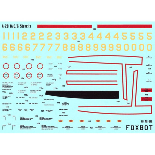 Foxbot 48-010 Decals Stencils for Douglas A-20B/C/G Boston Scale 1:48 for Aircraft Plastic Model Kit