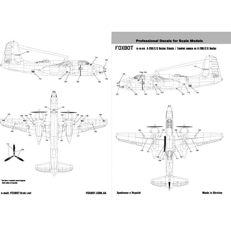 Foxbot 48-010 Decals Stencils for Douglas A-20B/C/G Boston Scale 1:48 for Aircraft Plastic Model Kit