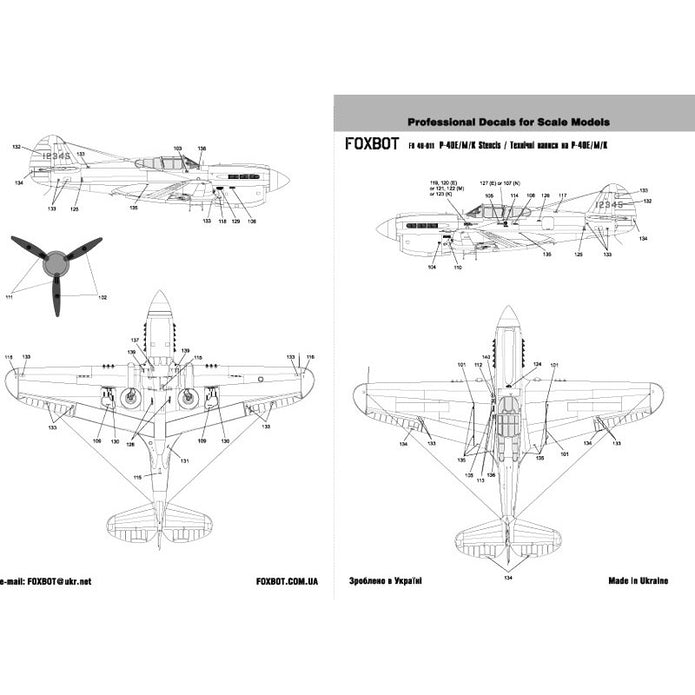 Foxbot 48-011 Decals Stencils for Curtiss P-40E/M/K Scale 1:48 for Aircraft Plastic Model Kit