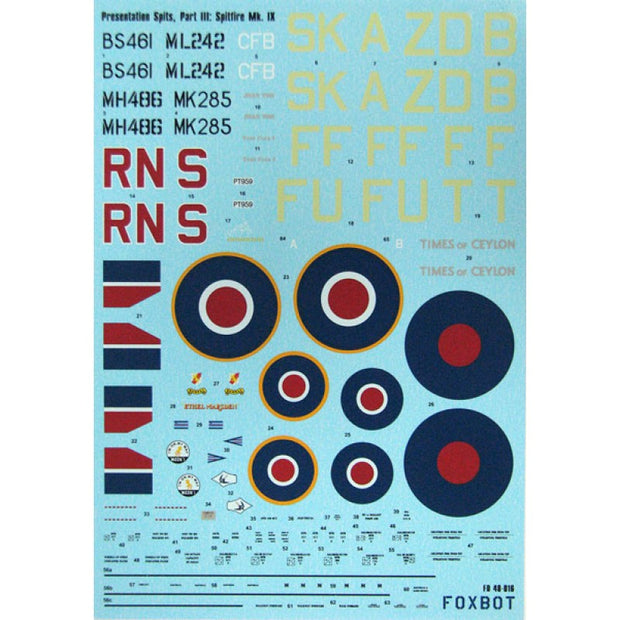 Foxbot 48-016 Decals Spitfire Mk. IX (Part 3, Presentation Spits) Scale 1:48 for Aircraft Plastic Model Kit