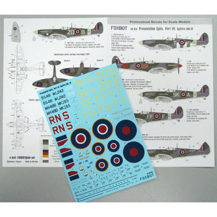 Foxbot 48-016 Decals Spitfire Mk. IX (Part 3, Presentation Spits) Scale 1:48 for Aircraft Plastic Model Kit