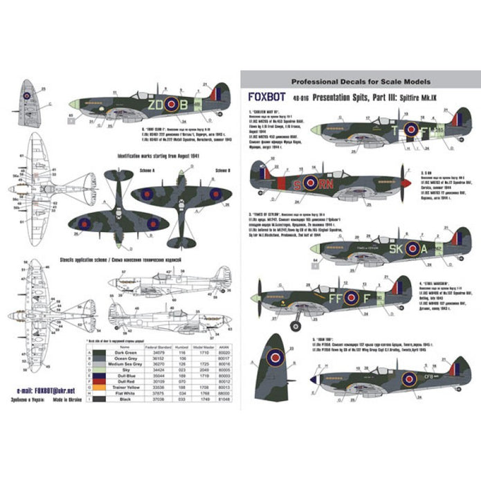 Foxbot 48-016 Decals Spitfire Mk. IX (Part 3, Presentation Spits) Scale 1:48 for Aircraft Plastic Model Kit