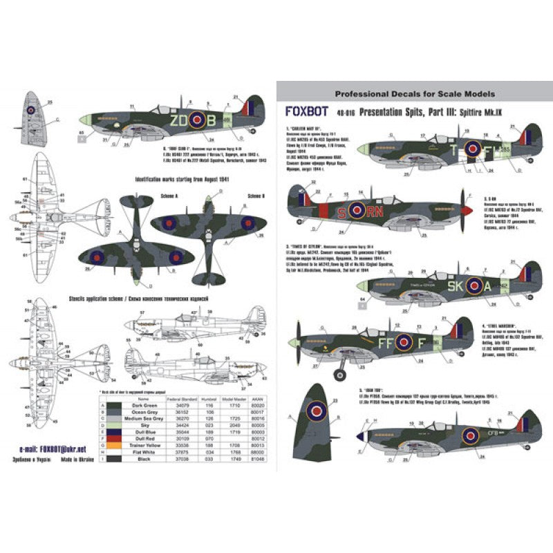 Foxbot 48-016 Decals Spitfire Mk. IX (Part 3, Presentation Spits) Scale 1:48 for Aircraft Plastic Model Kit