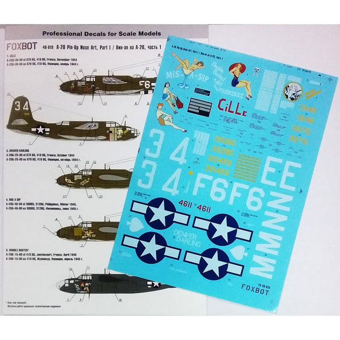 Foxbot 48-019A Decals Douglas A-20 Boston Pin-Up Nose Art (Part I) Scale 1:48 for Aircraft Plastic Model Kit