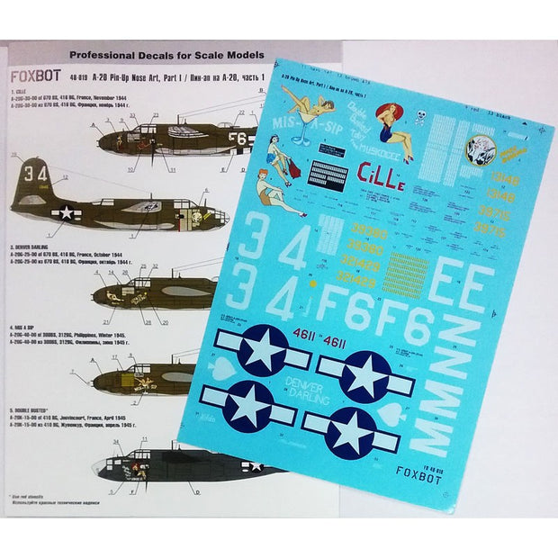 Foxbot 48-019A Decals Douglas A-20 Boston Pin-Up Nose Art (Part I) Scale 1:48 for Aircraft Plastic Model Kit