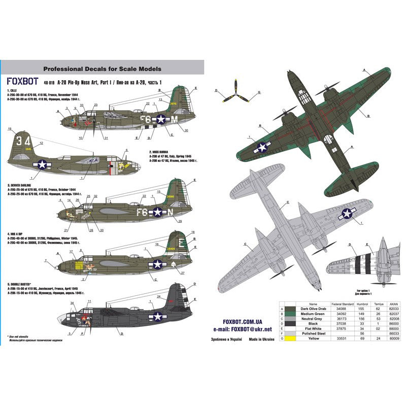 Foxbot 48-019 Decals Douglas A-20 Boston Pin-Up Nose Art and Stencils (Part I) Scale 1:48 for Aircraft Plastic Model Kit