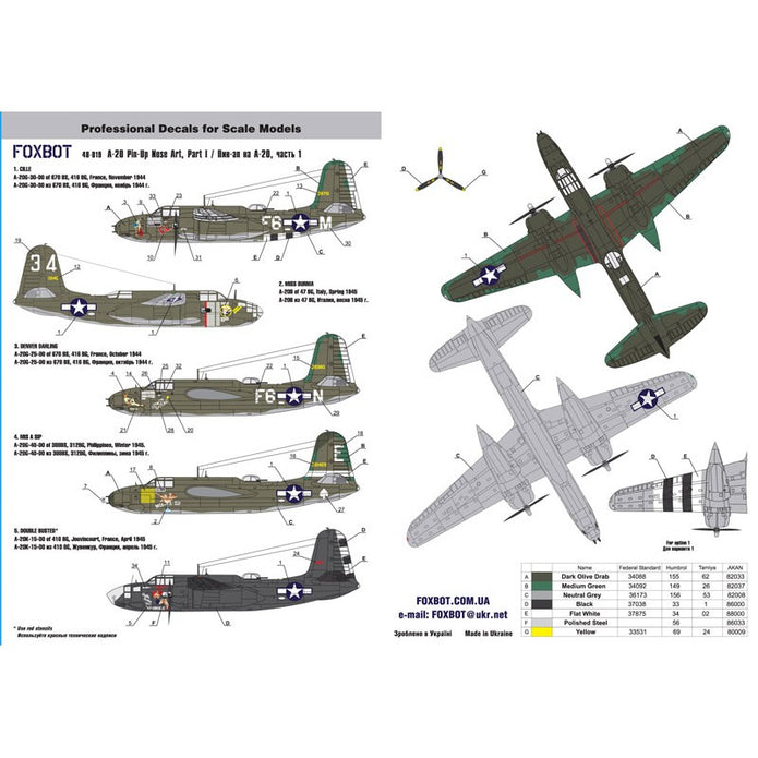 Foxbot 48-019 Decals Douglas A-20 Boston Pin-Up Nose Art and Stencils (Part I) Scale 1:48 for Aircraft Plastic Model Kit