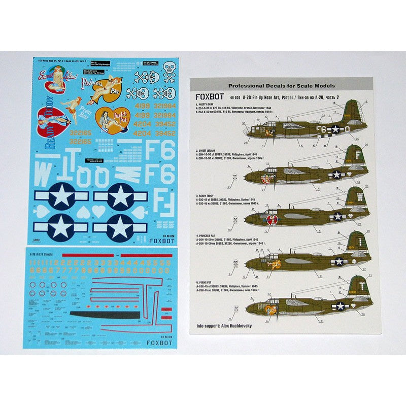 Foxbot 48-020 Decals Douglas A-20 Boston Pin-Up Nose Art and Stencils (Part II) Scale 1:48 for Aircraft Plastic Model Kit