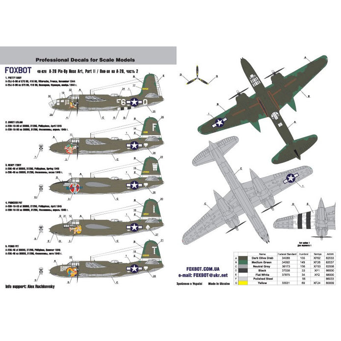 Foxbot 48-020 Decals Douglas A-20 Boston Pin-Up Nose Art and Stencils (Part II) Scale 1:48 for Aircraft Plastic Model Kit