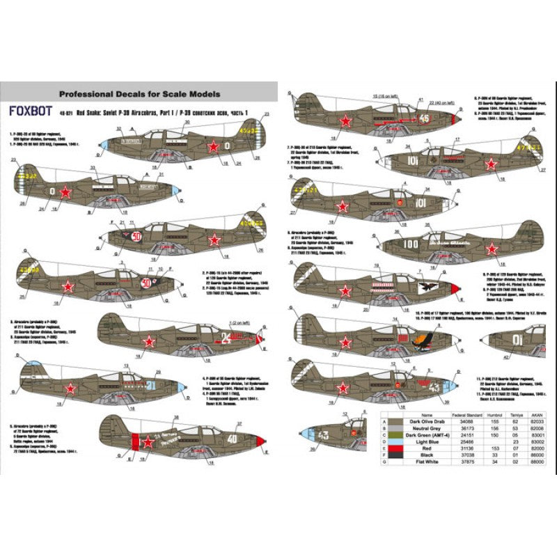 Foxbot 48-021 Decals Red Snake: Soviet Bell P-39 Airacobras and Stencils, Part I Scale 1:48 for Aircraft Plastic Model Kit