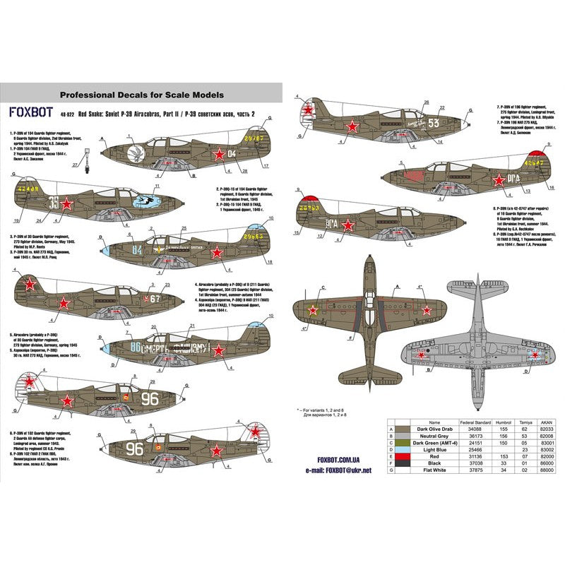 Foxbot 48-022 Decals Red Snake: Soviet Bell P-39 Airacobras and Stencils and Stencils, Part II Scale 1:48