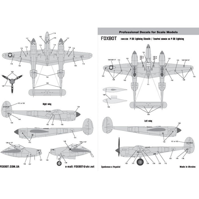 Foxbot 48-030 Decals Stencils for P-38 Lightning Scale 1:48 for Aircraft Plastic Model Kit