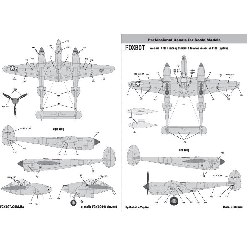 Foxbot 48-030 Decals Stencils for P-38 Lightning Scale 1:48 for Aircraft Plastic Model Kit