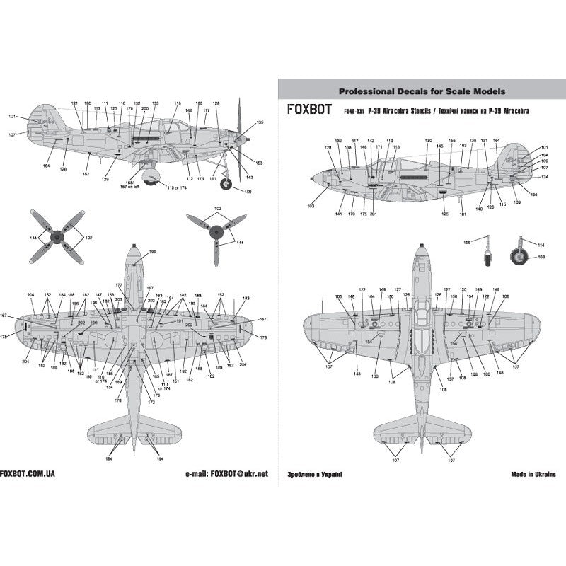 Foxbot 48-031 Decals Stencils for P-39 Airacobra Scale 1:48 for Aircraft Plastic Model Kit