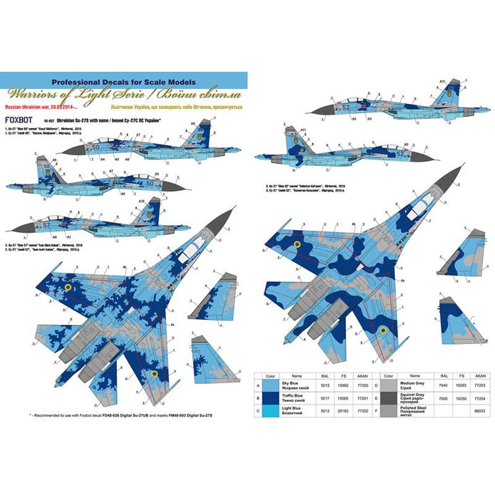Foxbot 48-037 Decals Sukhoi Su-27 with Name, Ukranian Air Forces, digital camouflage Scale 1:48