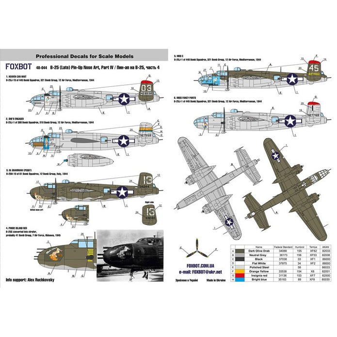 Foxbot 48-044 Decals North American B-25G/H/J Mitchell (Late) "Pin-Up Nose Art and Stencils" (Part IV) Scale 1:48