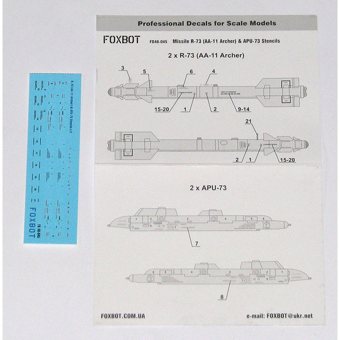 Foxbot 48-045 Decals Stencils for Soviet IR Guided Air-to-Air Missile R-73 (AA-11 Archer) and APU-73 Pylon Scale 1:48