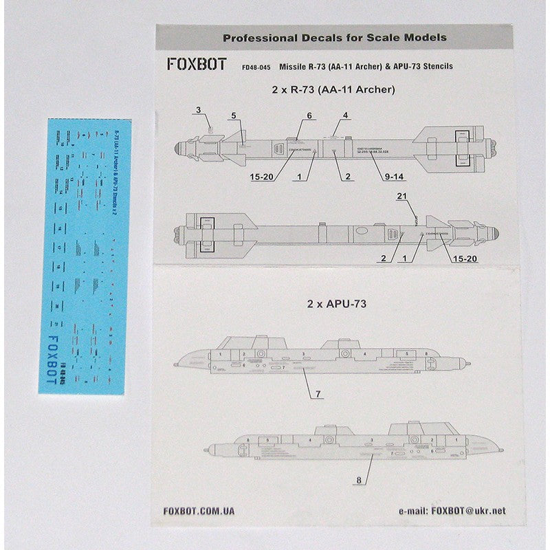 Foxbot 48-045 Decals Stencils for Soviet IR Guided Air-to-Air Missile R-73 (AA-11 Archer) and APU-73 Pylon Scale 1:48