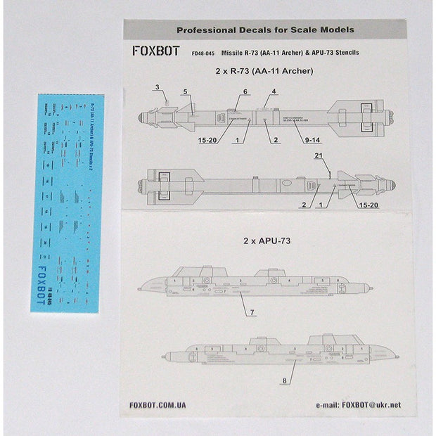 Foxbot 48-045 Decals Stencils for Soviet IR Guided Air-to-Air Missile R-73 (AA-11 Archer) and APU-73 Pylon Scale 1:48