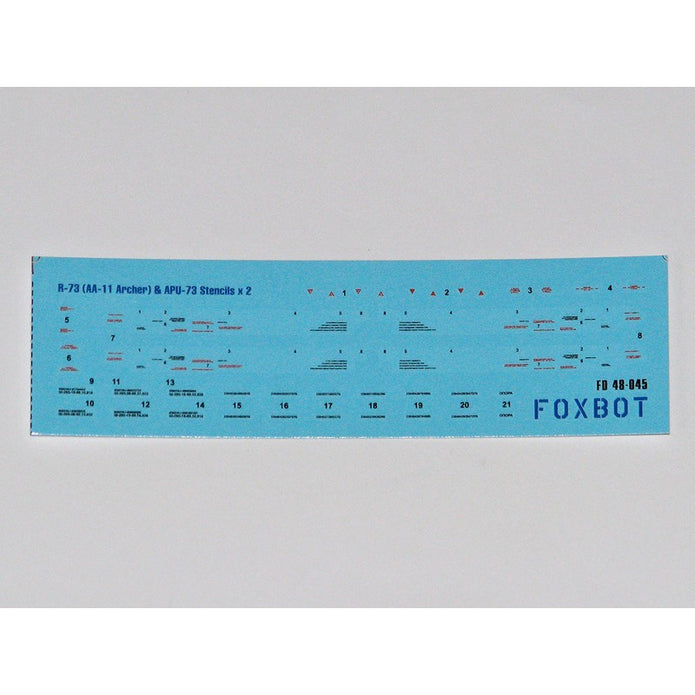 Foxbot 48-045 Decals Stencils for Soviet IR Guided Air-to-Air Missile R-73 (AA-11 Archer) and APU-73 Pylon Scale 1:48