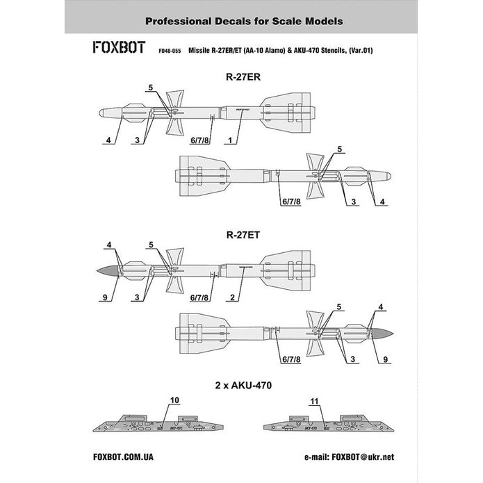 Foxbot 48-055 1:48 Decals Stencils for Soviet IR Guided Air-to-Air Missile R-27ER/ET (AA-10 Alamo) and AKU-470 Pylon (Ver.01)