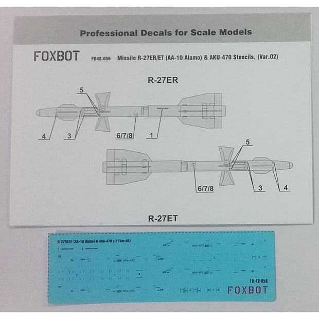 Foxbot 48-056 1:48 Decals Stencils for Soviet IR Guided Air-to-Air Missile R-27ER/ET (AA-10 Alamo) and AKU-470 Pylon (Ver.02)