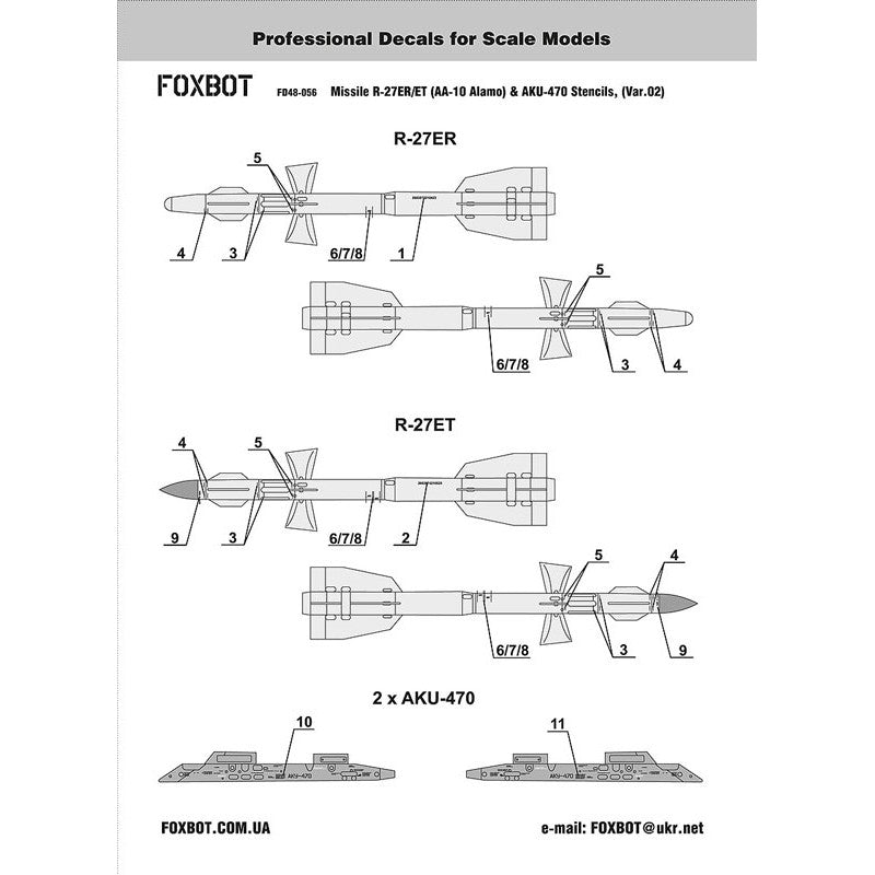 Foxbot 48-056 1:48 Decals Stencils for Soviet IR Guided Air-to-Air Missile R-27ER/ET (AA-10 Alamo) and AKU-470 Pylon (Ver.02)