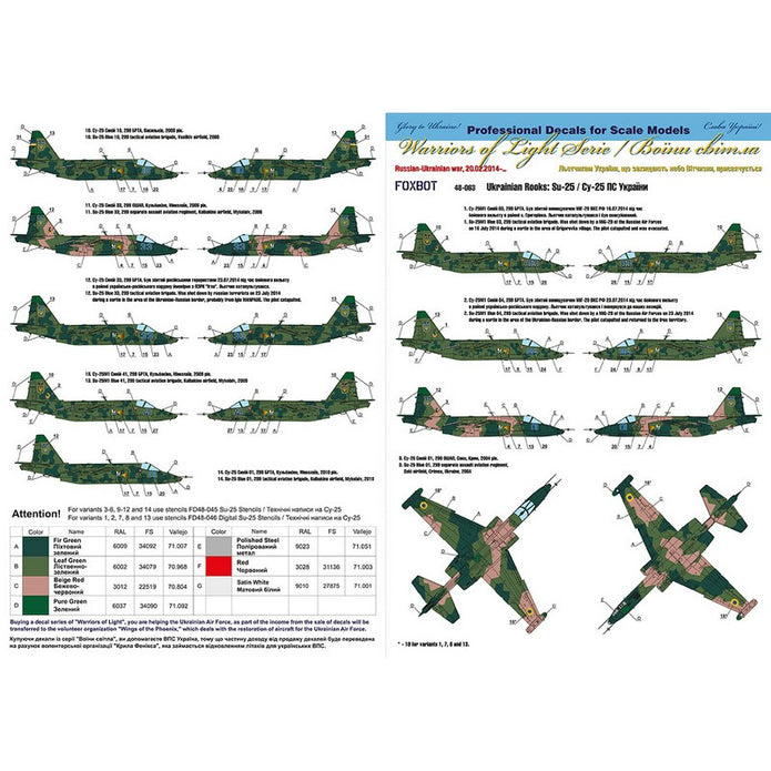 Foxbot 48-063 Decals Ukrainian Rooks: Su-25, Ukranian Air Forces Scale 1:48 for Aircraft Plastic Model Kit