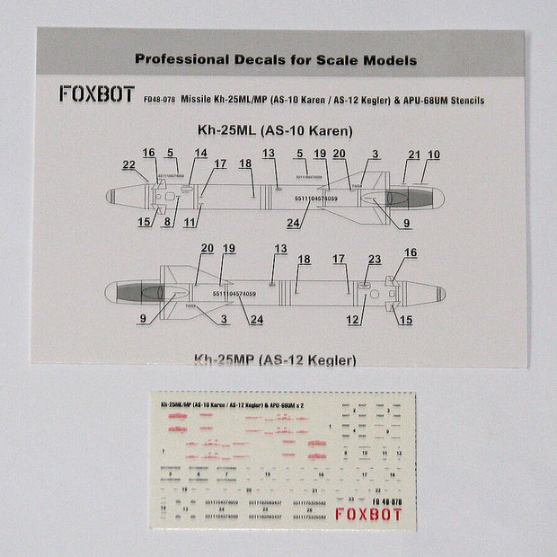 Foxbot 48-078 Decals Stencils for Soviet Missile Kh-25ML/MP (AS-10 Karen / AS-12 Kegler) and Pylon APU-68UM Scale 1:48