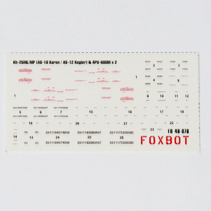 Foxbot 48-078 Decals Stencils for Soviet Missile Kh-25ML/MP (AS-10 Karen / AS-12 Kegler) and Pylon APU-68UM Scale 1:48