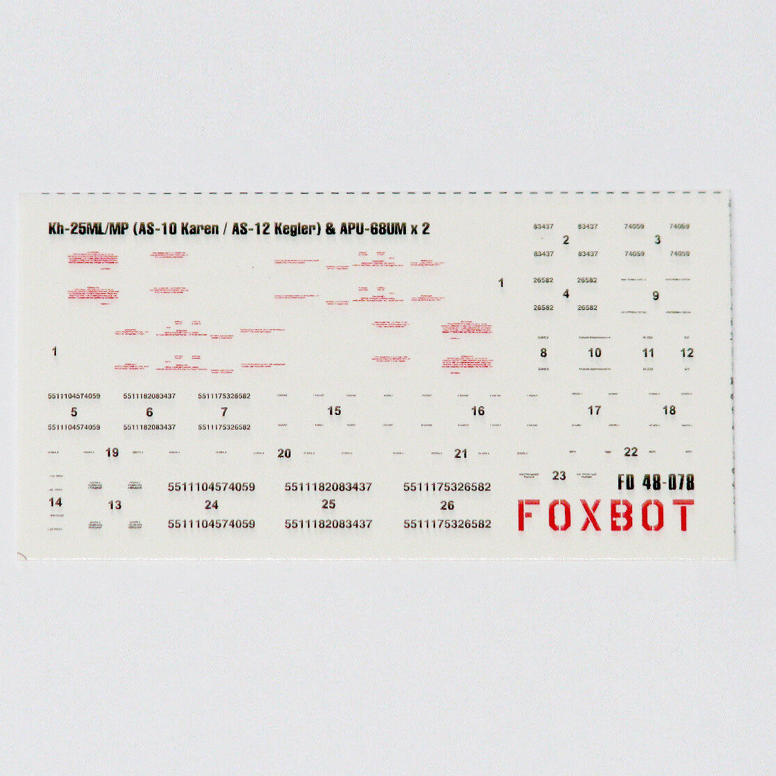 Foxbot 48-078 Decals Stencils for Soviet Missile Kh-25ML/MP (AS-10 Karen / AS-12 Kegler) and Pylon APU-68UM Scale 1:48