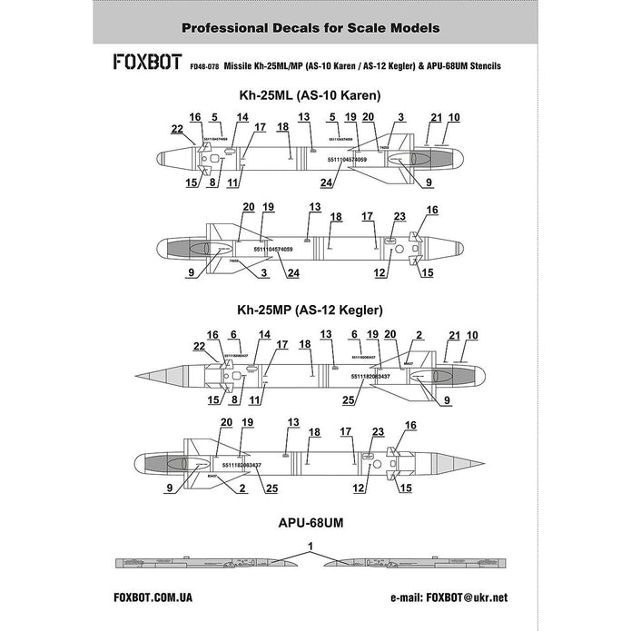 Foxbot 48-078 Decals Stencils for Soviet Missile Kh-25ML/MP (AS-10 Karen / AS-12 Kegler) and Pylon APU-68UM Scale 1:48